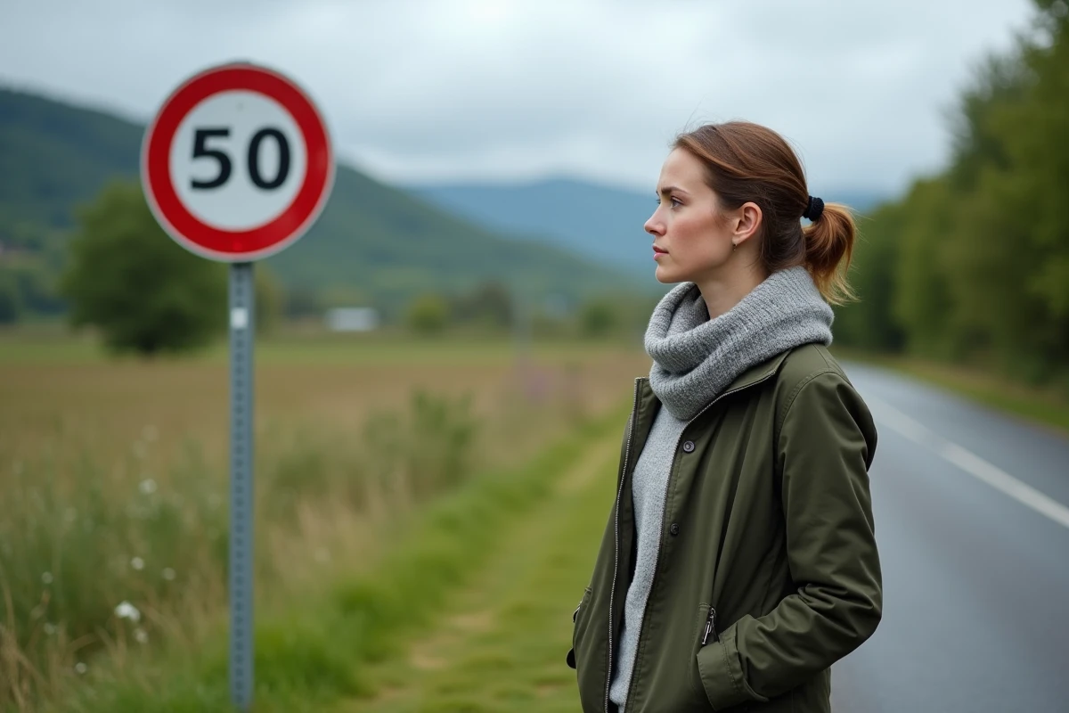 Femme française examine un panneau de vitesse en campagne