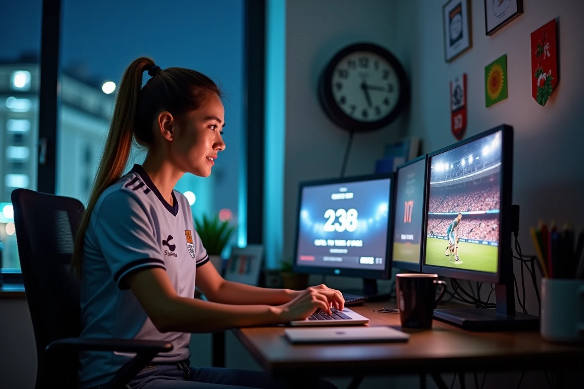 Femme suivant un match sportif en streaming depuis Sydney sur ordinateur portable dans un bureau à domicile