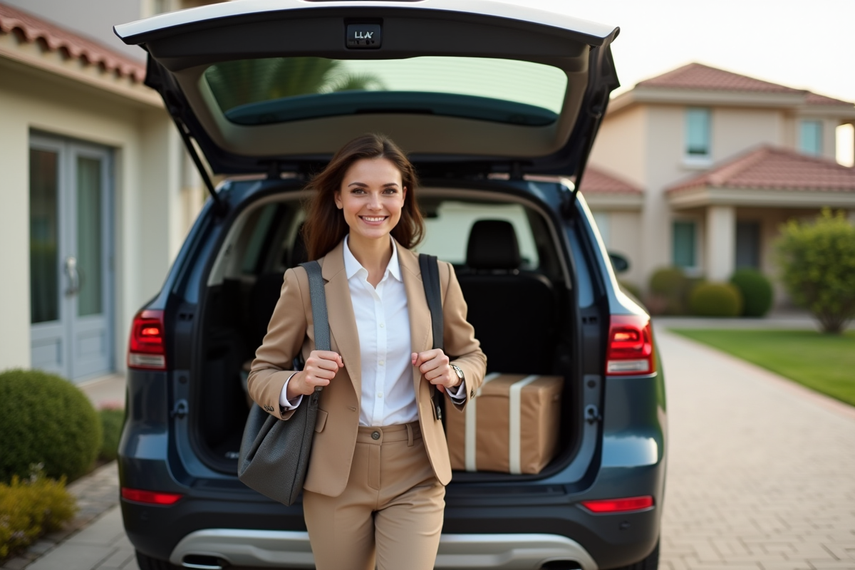 Jeune femme souriante chargeant un SUV dans une maison