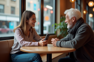 Jeune femme utilisant un appareil de traduction au café