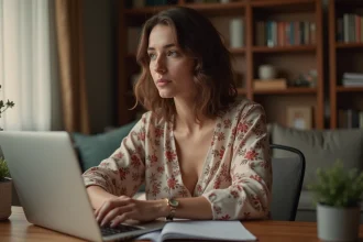 Femme transgenre cherchant un site de rencontre sûr sur son ordinateur portable dans un appartement chaleureux