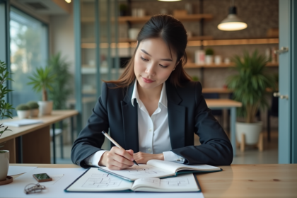 Jeune femme professionnelle esquissant un organigramme dans un bureau lumineux