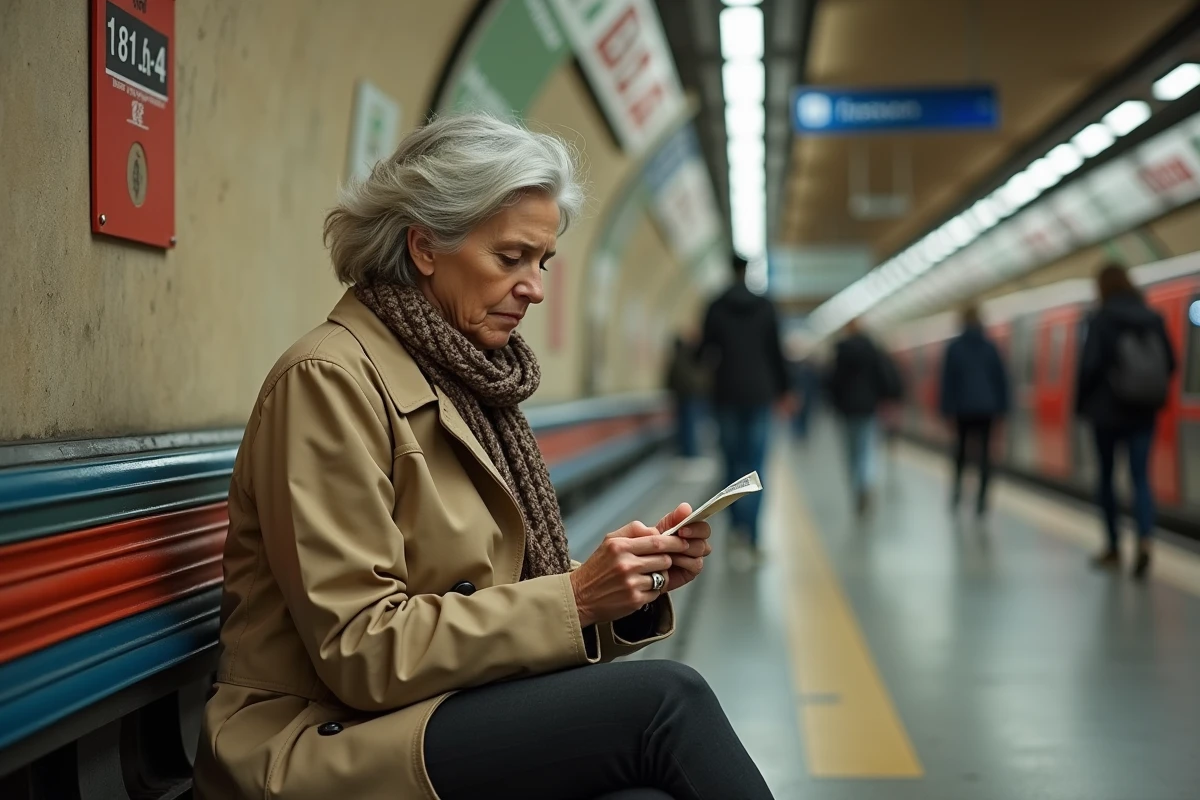 Femme assise sur un banc de métro avec ticket