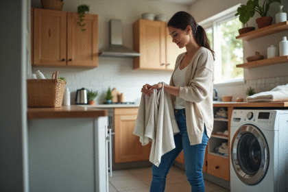 Femme d'âge moyen triant le linge dans une buanderie chaleureuse