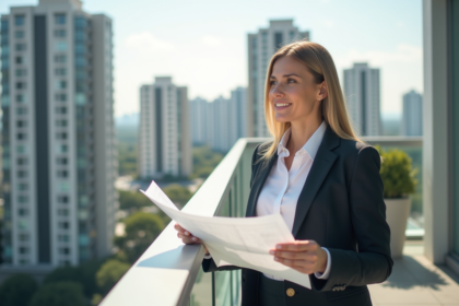 Femme confiante regardant des plans immobiliers sur un balcon urbain