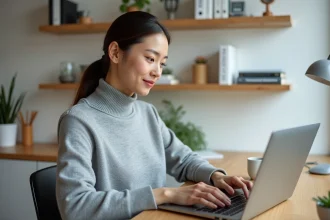 Jeune femme utilisant ChatGPT gratuitement sur son ordinateur portable dans un bureau moderne à domicile