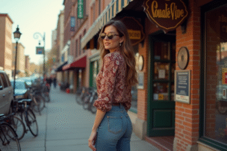 Femme en jeans flare et blouse paisley devant un magasin vintage