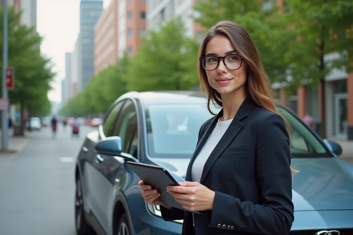 Jeune femme avec tablette près d