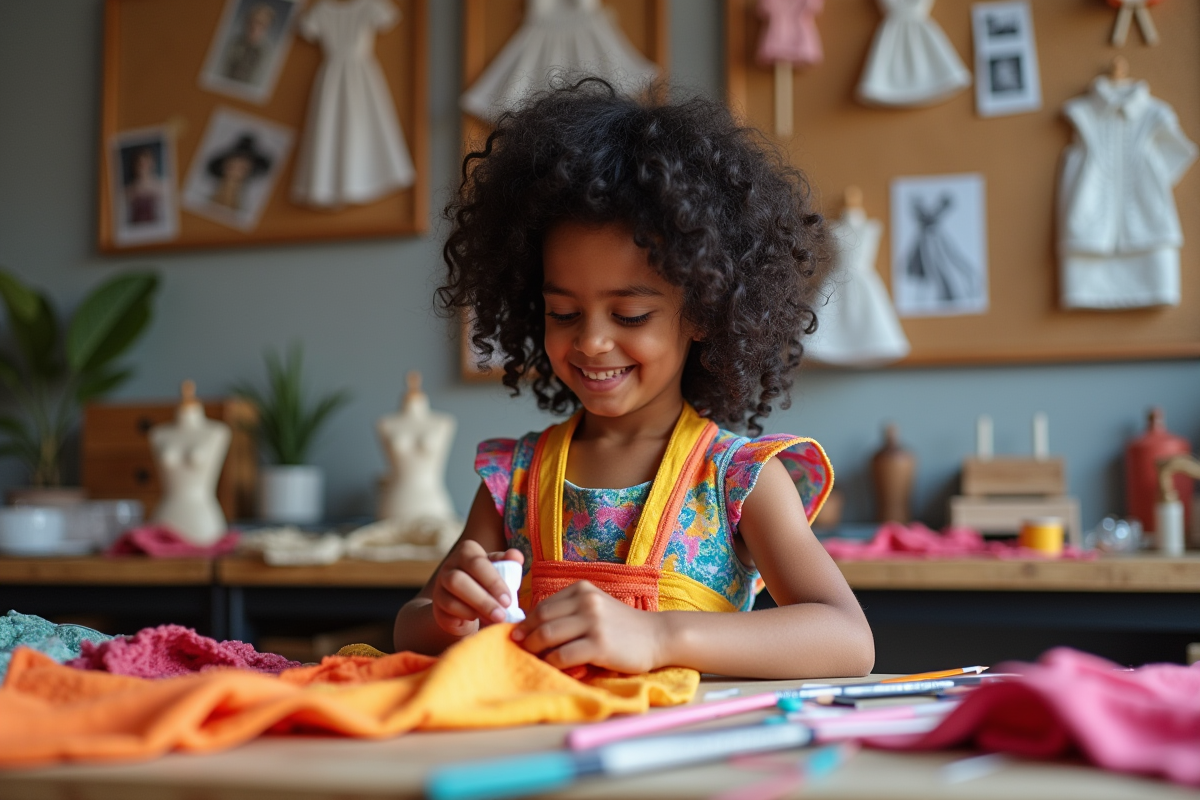 Fille de 7 ans ajustant un vêtement dans un atelier de mode