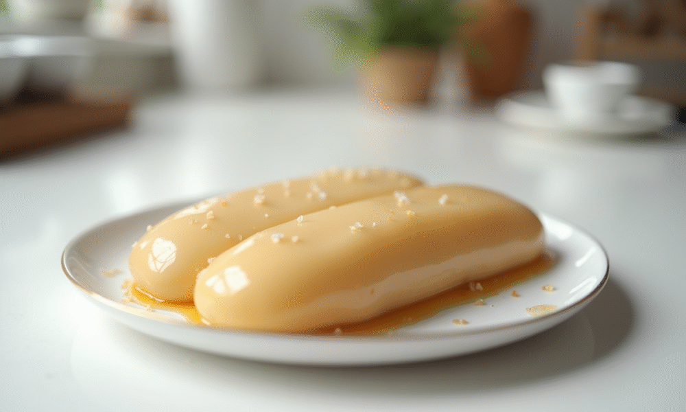 Foie gras en portion prêt à congeler sur plan de cuisine blanc