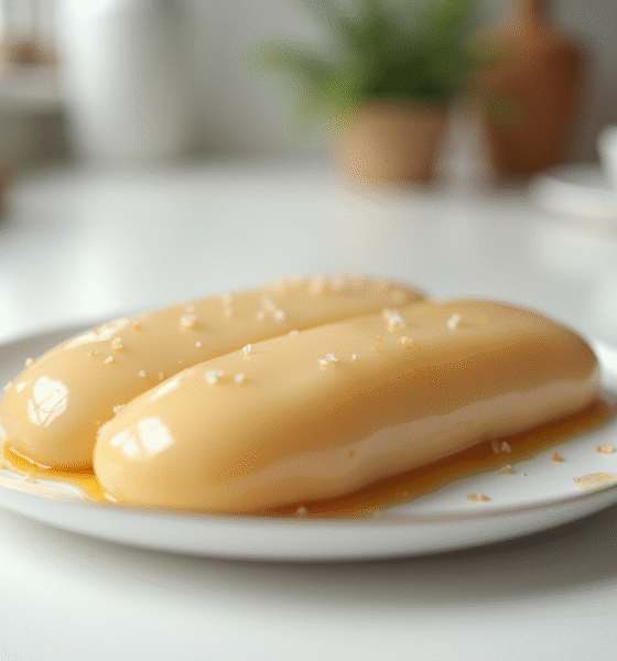 Foie gras en portion prêt à congeler sur plan de cuisine blanc