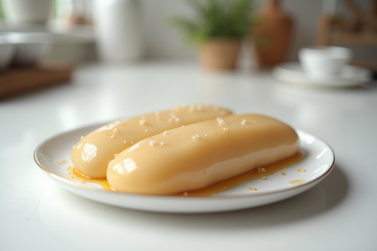 Foie gras en portion prêt à congeler sur plan de cuisine blanc