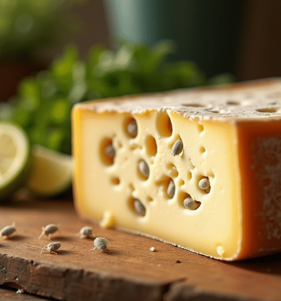 Coupure d'un fromage corse avec vers blancs visibles