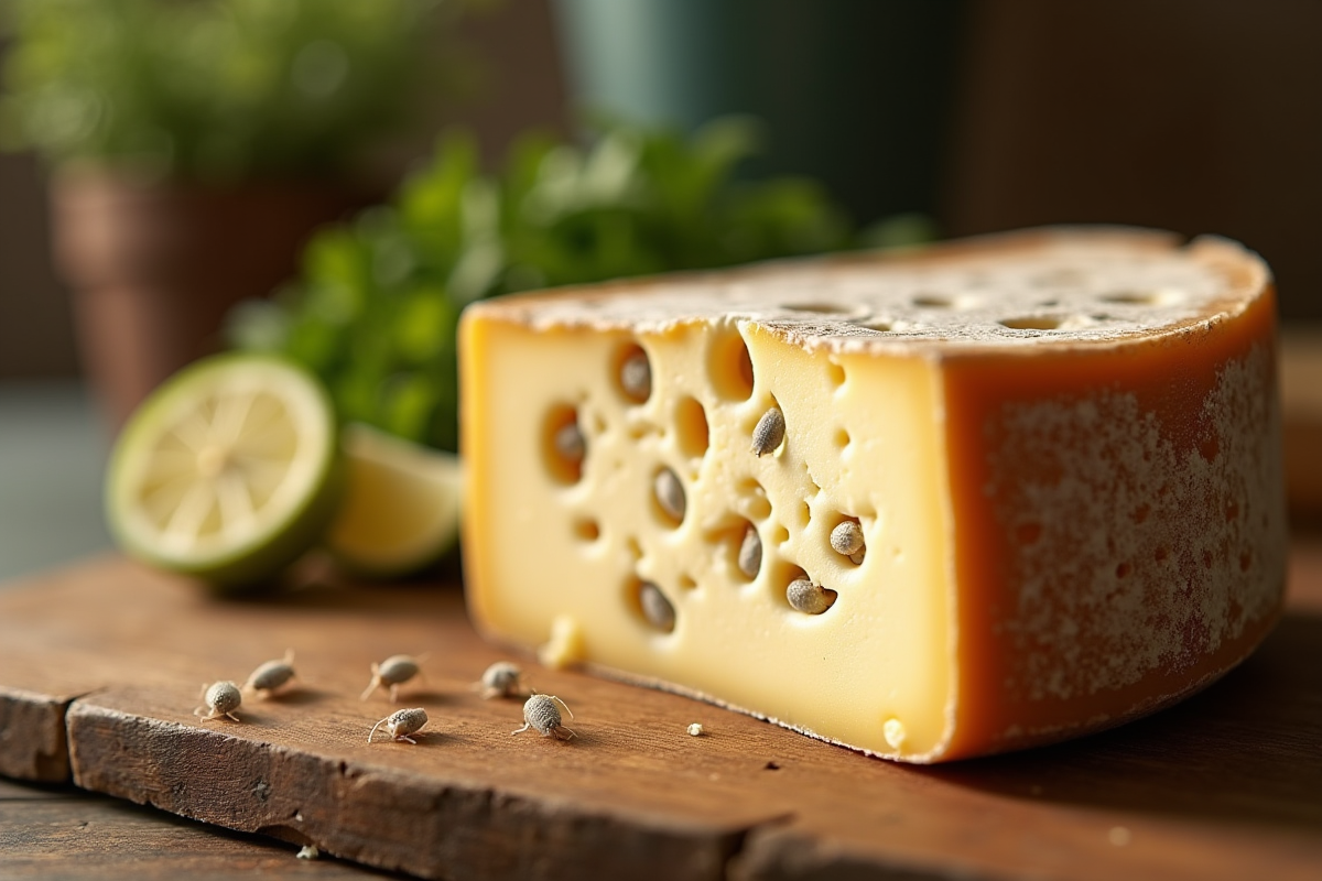 Coupure d'un fromage corse avec vers blancs visibles