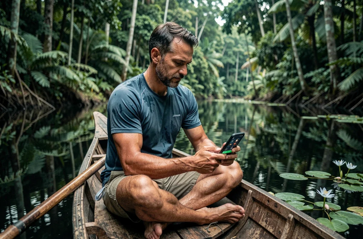 Voyageur consultant le fuseau horaire de la Guyane française sur son téléphone depuis un canot sur un fleuve amazonien