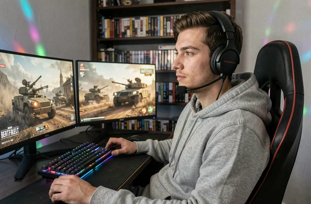 Jeune gamer jouant à Battlefield 6 sur PS5 et Xbox dans une salle de jeu moderne