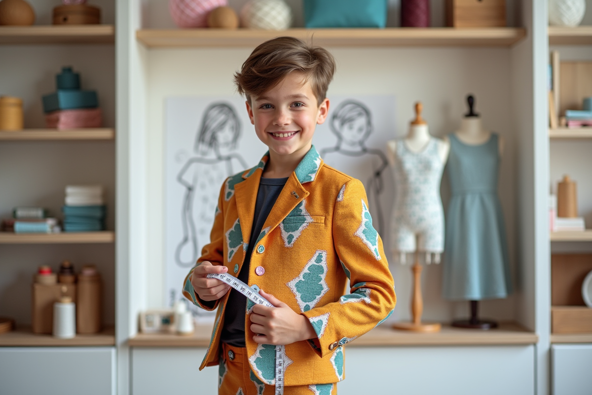 Garçon de 7 ans en tenue colorée dans un studio créatif