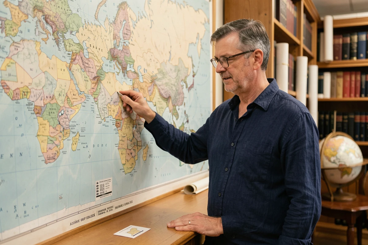 Géographe comparant la superficie de la Russie et du Vatican sur une grande carte murale dans un bureau universitaire