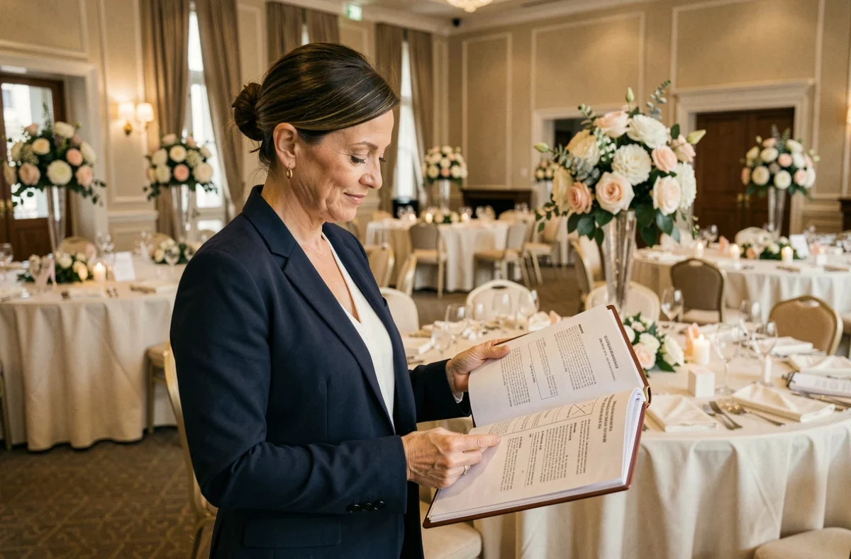 Coordinatrice d'événements Gimdis consultant un plan d'organisation dans une salle de banquet à Marseille