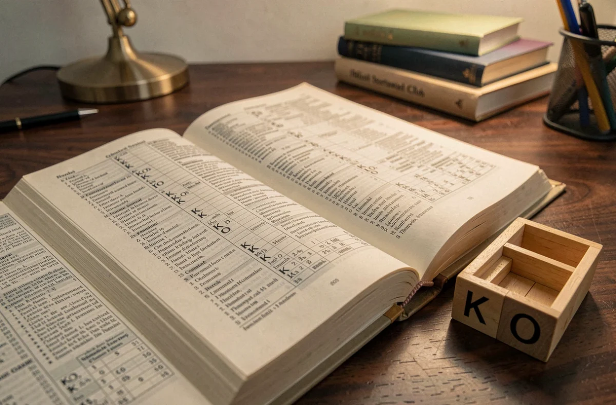 Gros plan sur un dictionnaire officiel du Scrabble ouvert à la lettre K avec les tuiles KO posées à côté