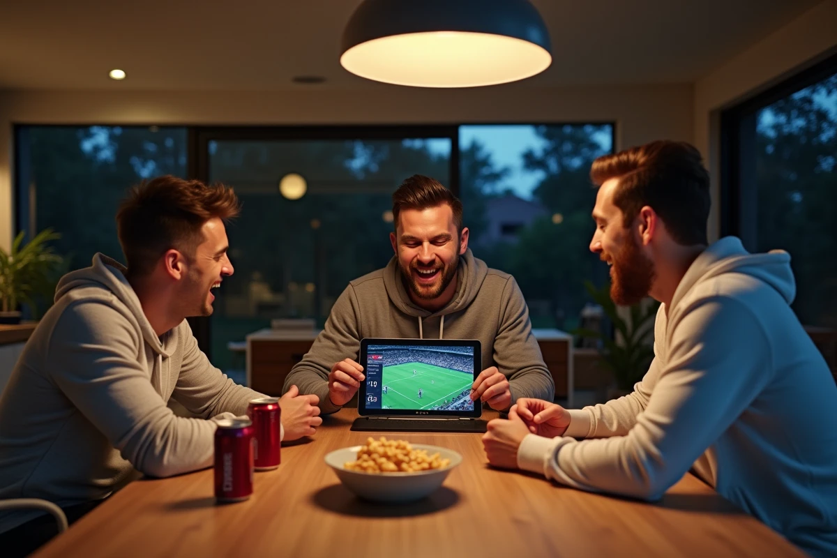 Groupe d'amis regardant un événement sportif en direct depuis Sydney ensemble autour d'une tablette dans une cuisine