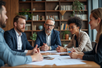 Groupe de professionnels en réunion dans un bureau moderne