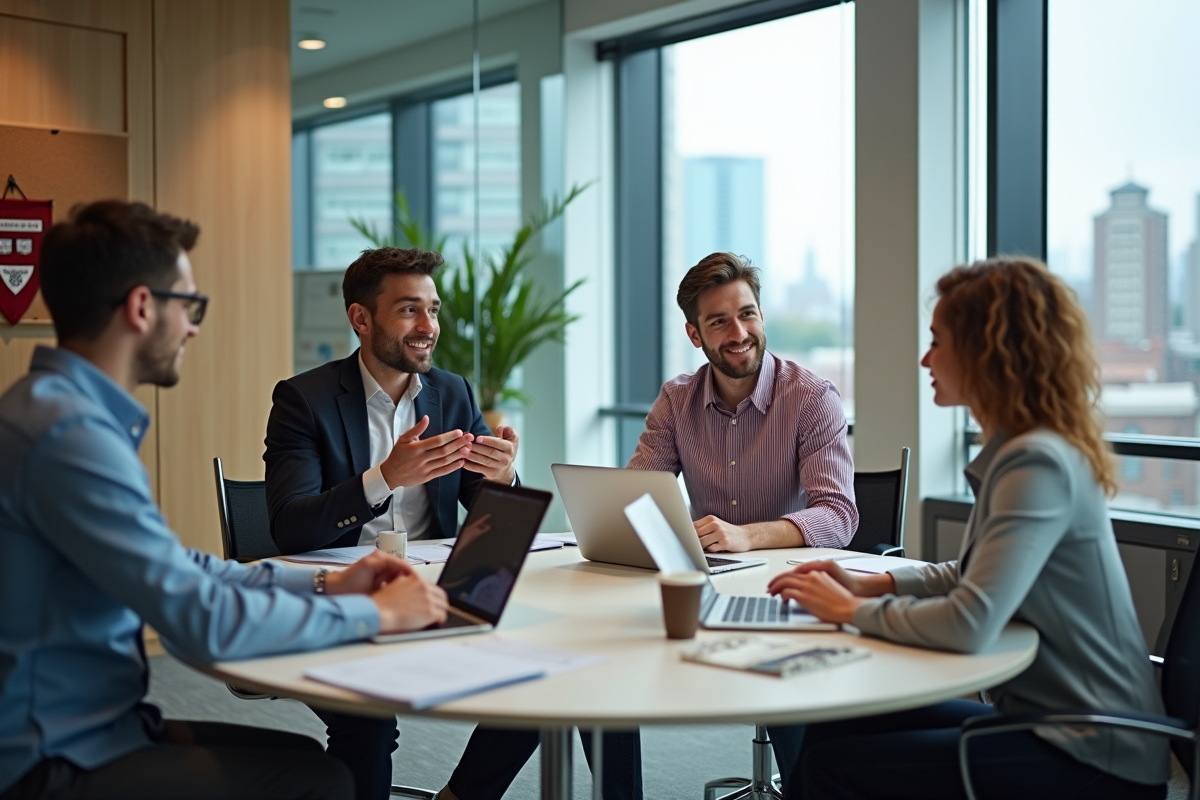Groupe de jeunes professionnels en réunion dans une salle lumineuse