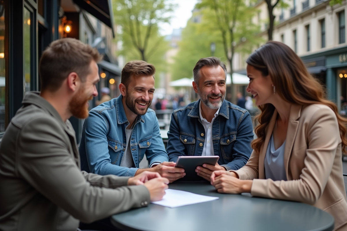 Groupe diversifié de quatre personnes discutant autour d une table en plein air