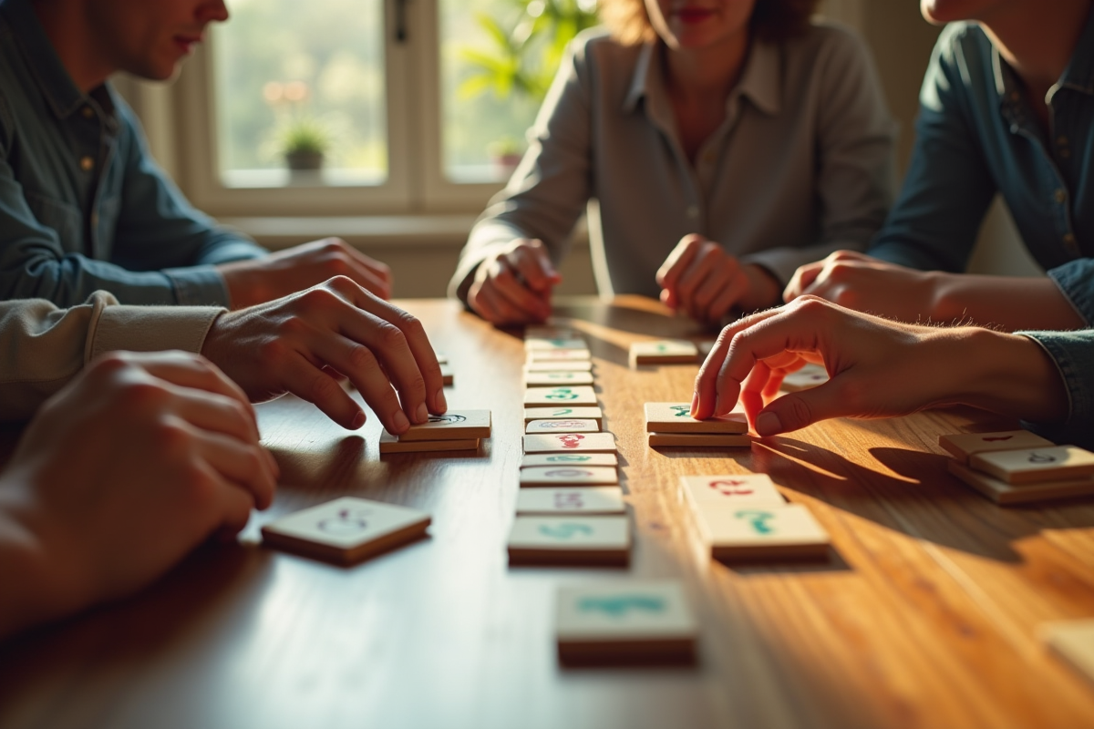 Groupe de personnes jouant au Rummikub autour d'une table