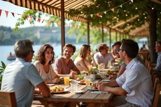 Groupe d'adultes souriants autour d'un pique-nique au bord de la rivière