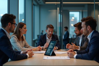 Groupe de professionnels discutant autour d'une tablette blockchain