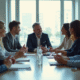 Groupe de professionnels en réunion collaborative dans un bureau lumineux