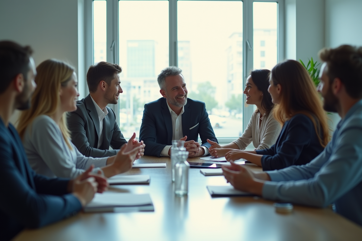 Groupe de professionnels en réunion collaborative dans un bureau lumineux