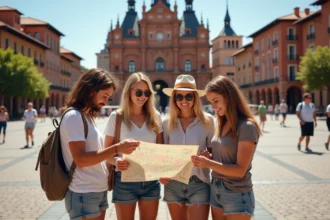 Groupe de touristes devant le Capitole de Toulouse