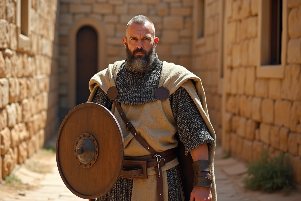 Reconstitution historique d'un guerrier viking en armure du IXe siècle devant les murs d'un port méditerranéen médiéval