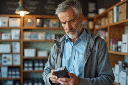 Homme d age moyen examinant une cartouche d encre dans une boutique