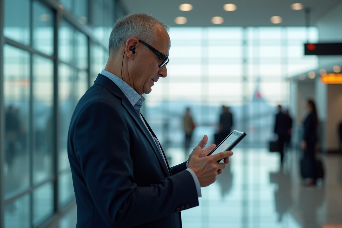 Homme d affaires utilisant une tablette à l aéroport