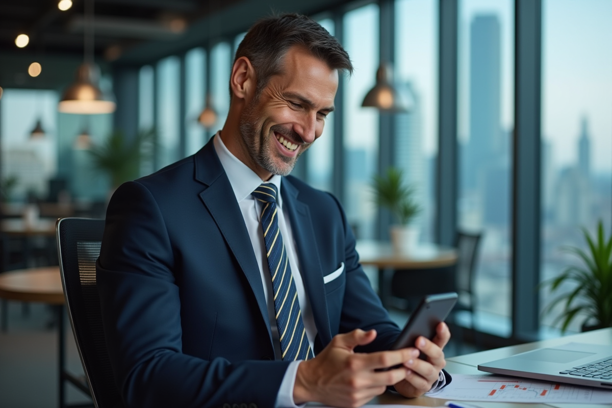 Homme d affaires souriant consulte ses graphiques financiers