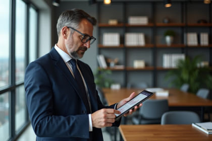 Homme d'affaires en costume regardant des graphiques financiers