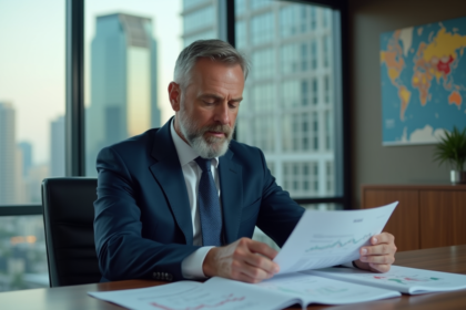 Homme d'affaires en costume bleu analysant un rapport boursier