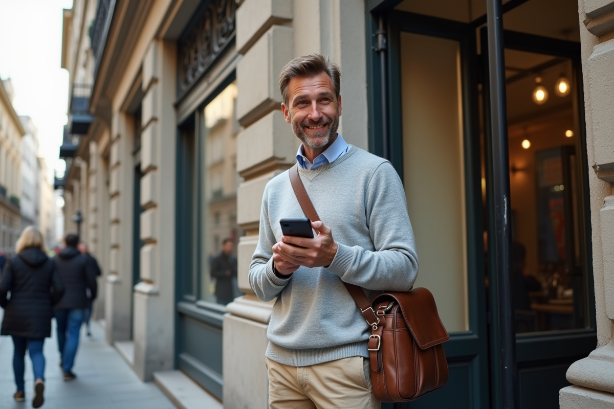 Homme décontracté utilisant son smartphone devant une banque ancienne