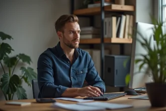 Homme concentré dans son bureau à domicile moderne