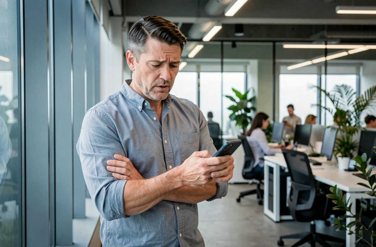 Homme dans un bureau moderne analysant son téléphone avec une expression de surprise réfléchie