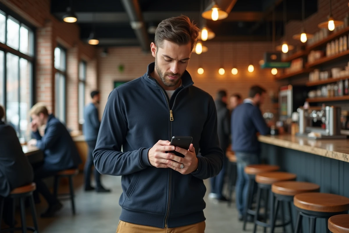 Homme consultant ChatGPT gratuitement sur smartphone dans un café urbain moderne