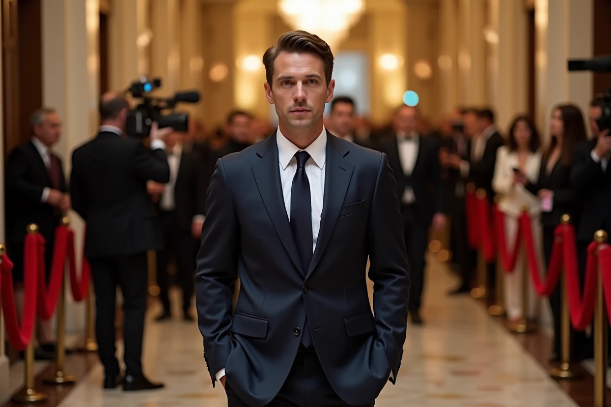Homme en costume marine traversant un couloir lors d'un événement médiatique, représentant la pression de l'exposition publique sur un couple célèbre
