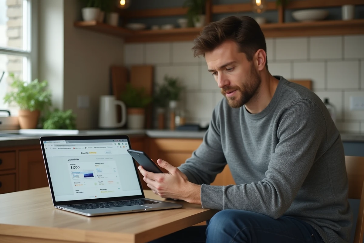 Homme à la cuisine recherchant la différence entre indicatif 03 77 et +33 3 77 sur son téléphone et ordinateur portable