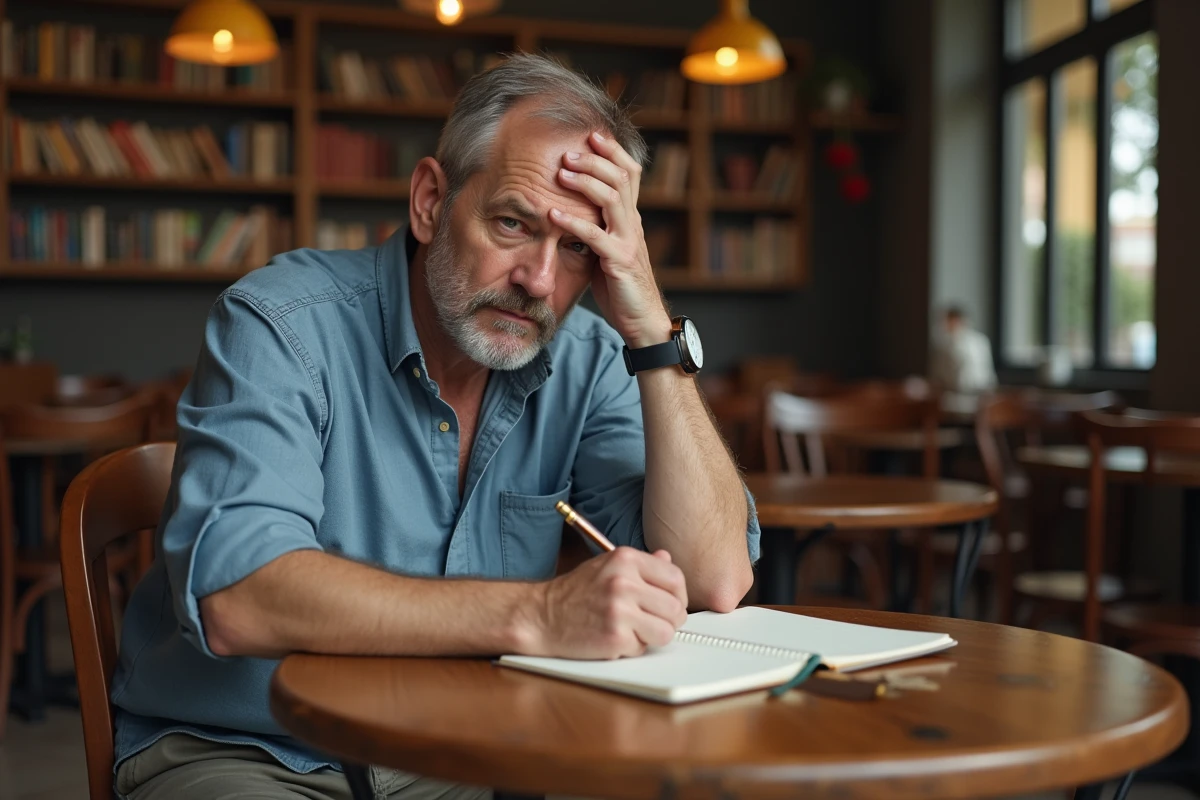 Homme écrivant dans un journal dans un café calme