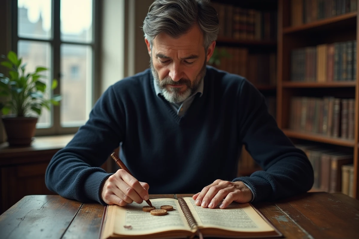 Homme étudiant les runes de protection énergétique dans un bureau bibliothèque avec livres anciens