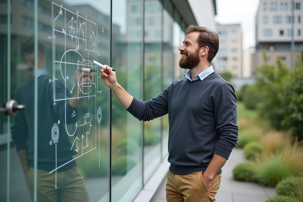 Homme avec tableau en acrylique expliquant des formes géométriques en extérieur