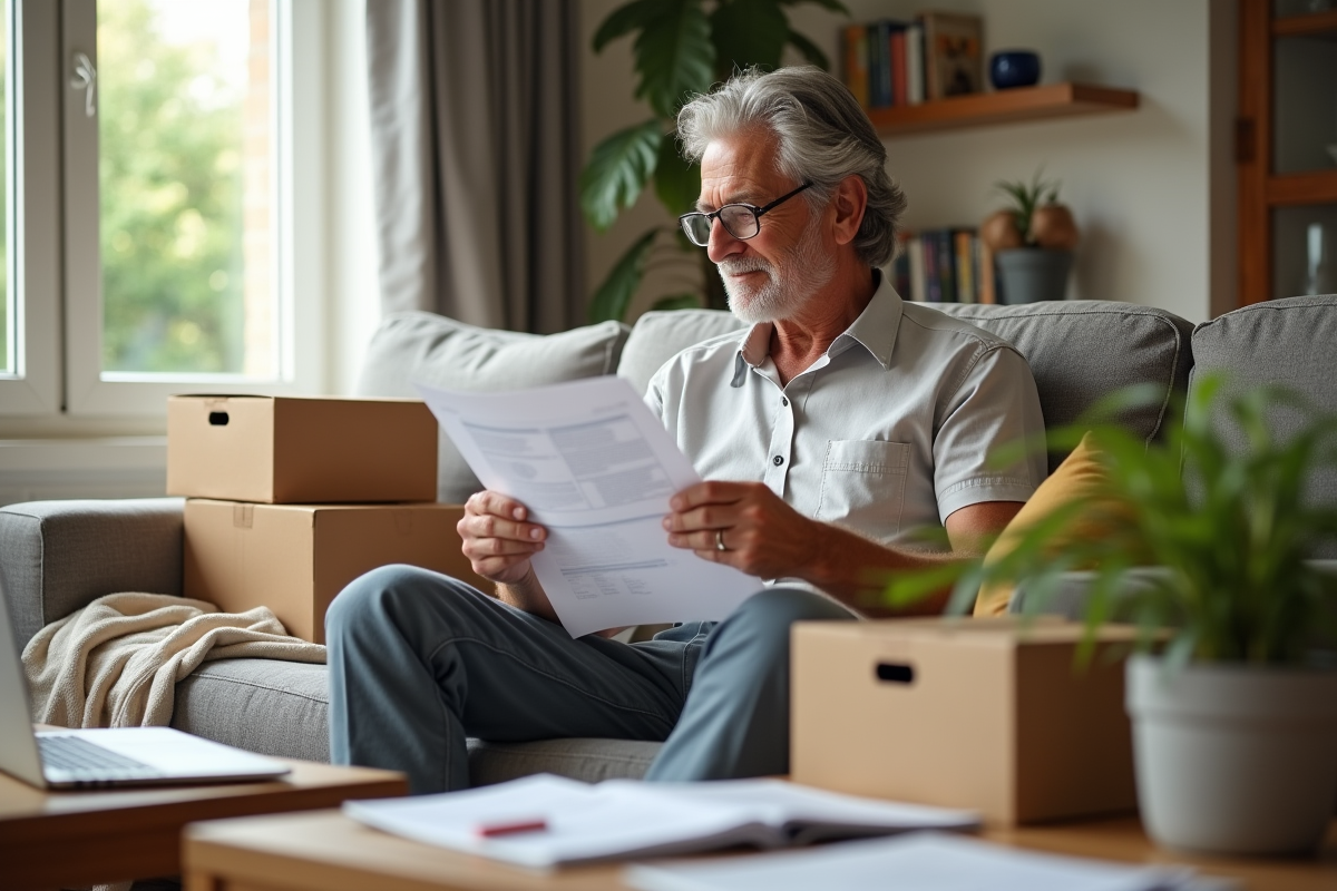 Homme français âgé examinant des documents dans son appartement
